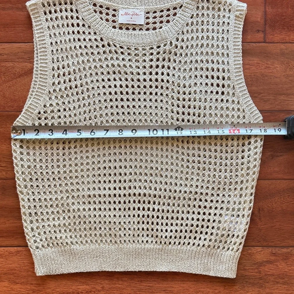 Allie Rose Beige Gold Sleeveless Mesh Top Open Weave Knit Size Medium - Picture 5 of 6